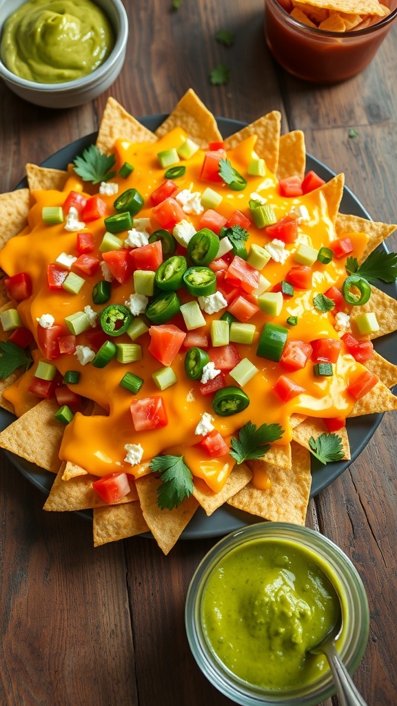 A colorful plate of loaded nachos with cheese, jalapeños, and toppings, served with guacamole and sour cream.